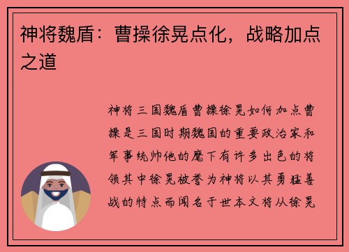 神将魏盾：曹操徐晃点化，战略加点之道